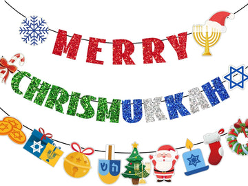 Merry Chrismukkah Banner Christmas and Hanukkah Decor Pre-Strung Hanukkah Chrismukkah Decorations Glitter Mixed - Set of 16
