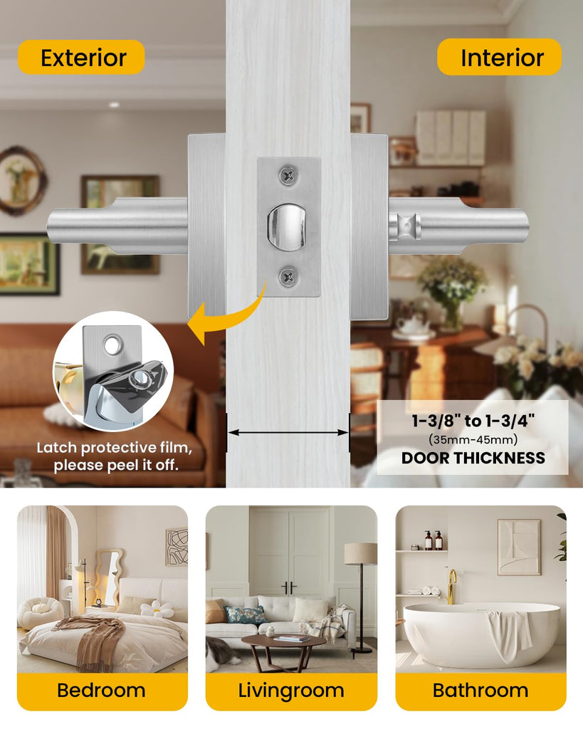 Brushed Nickel Door Handles Interior, Privacy Bedroom - 3 Pack