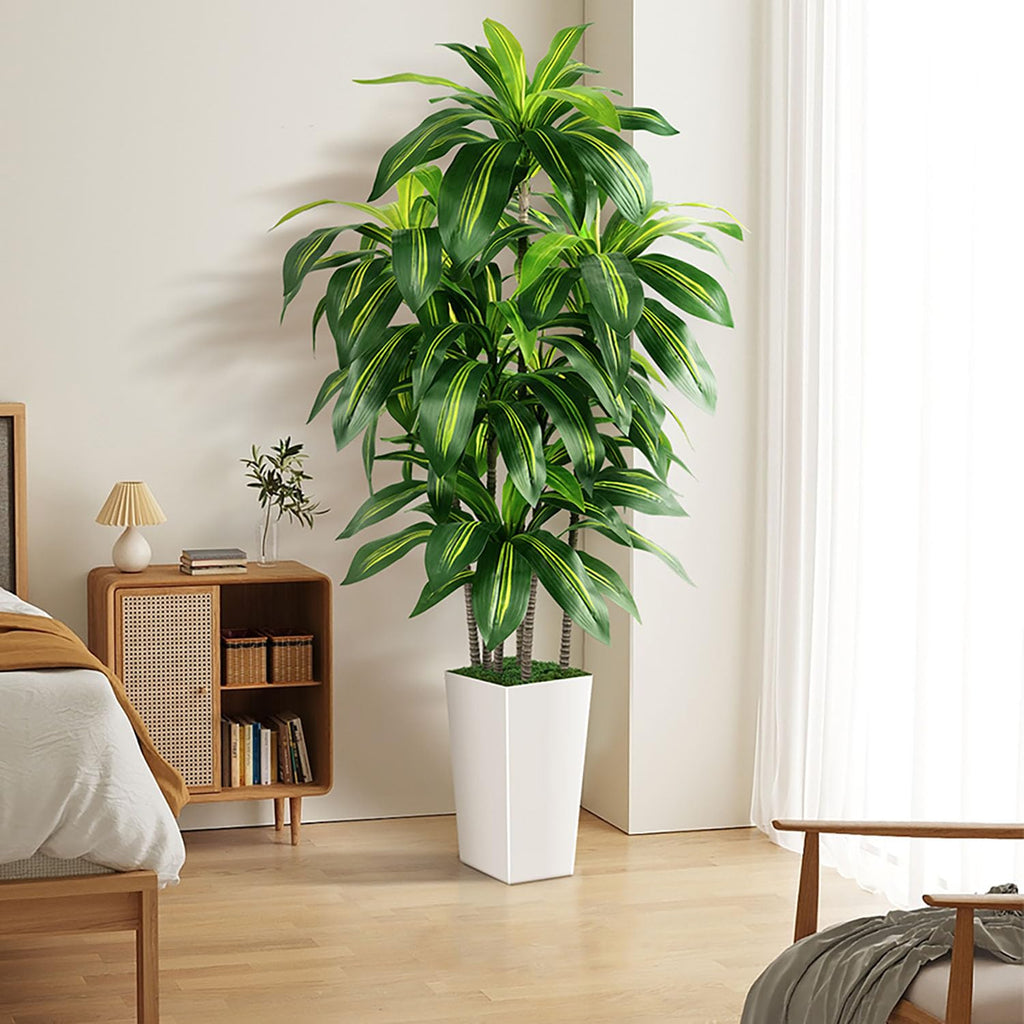 Artificial Dracaena Tree Indoor, 6FT Tall Fake Tree with White Tall Planter
