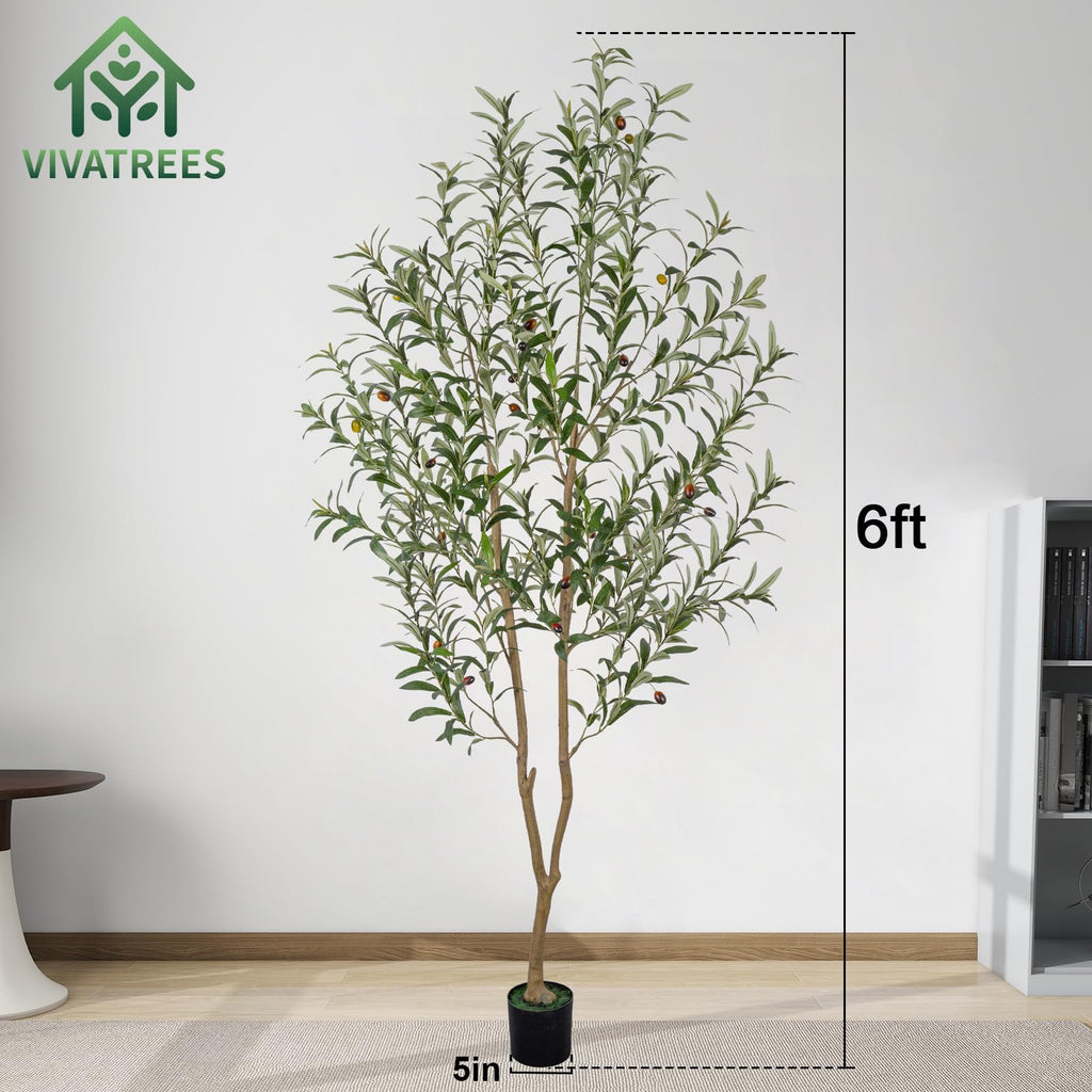 Artificial Olive Tree, 6FT Tall Faux Olive Tree with Pot, Artificial Plants with Natural Wood Trunk and Lifelike