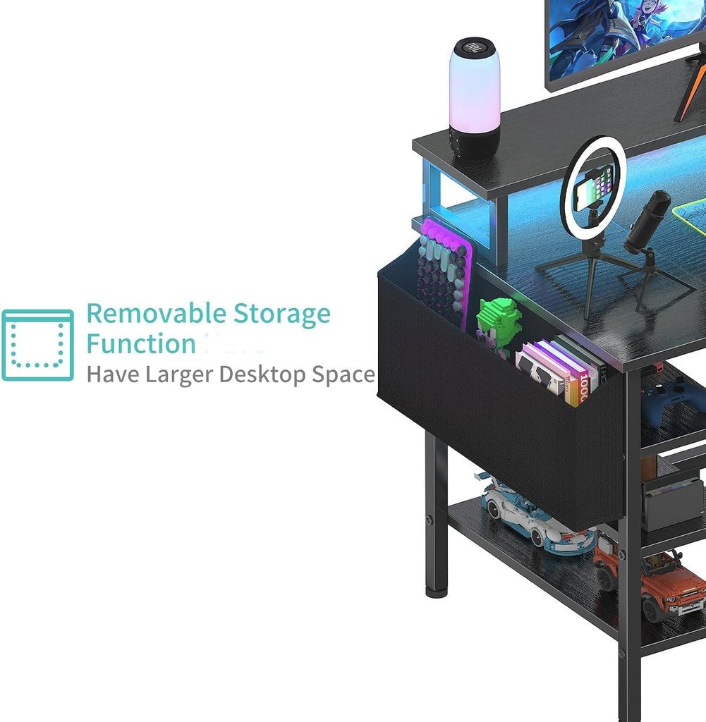 Gaming Desk with LED Lights and Storage Shelves, 47 inch Computer Desk with Power Outlets, Home Office Desk with