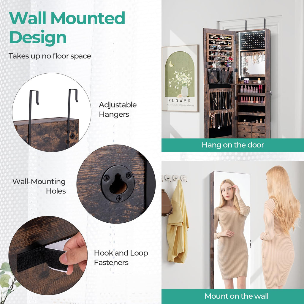 LED Mirror Jewelry Cabinet, Full Length Mirror with Jewelry Storage, Lockable Hanging Jewelry Holder Organizer with