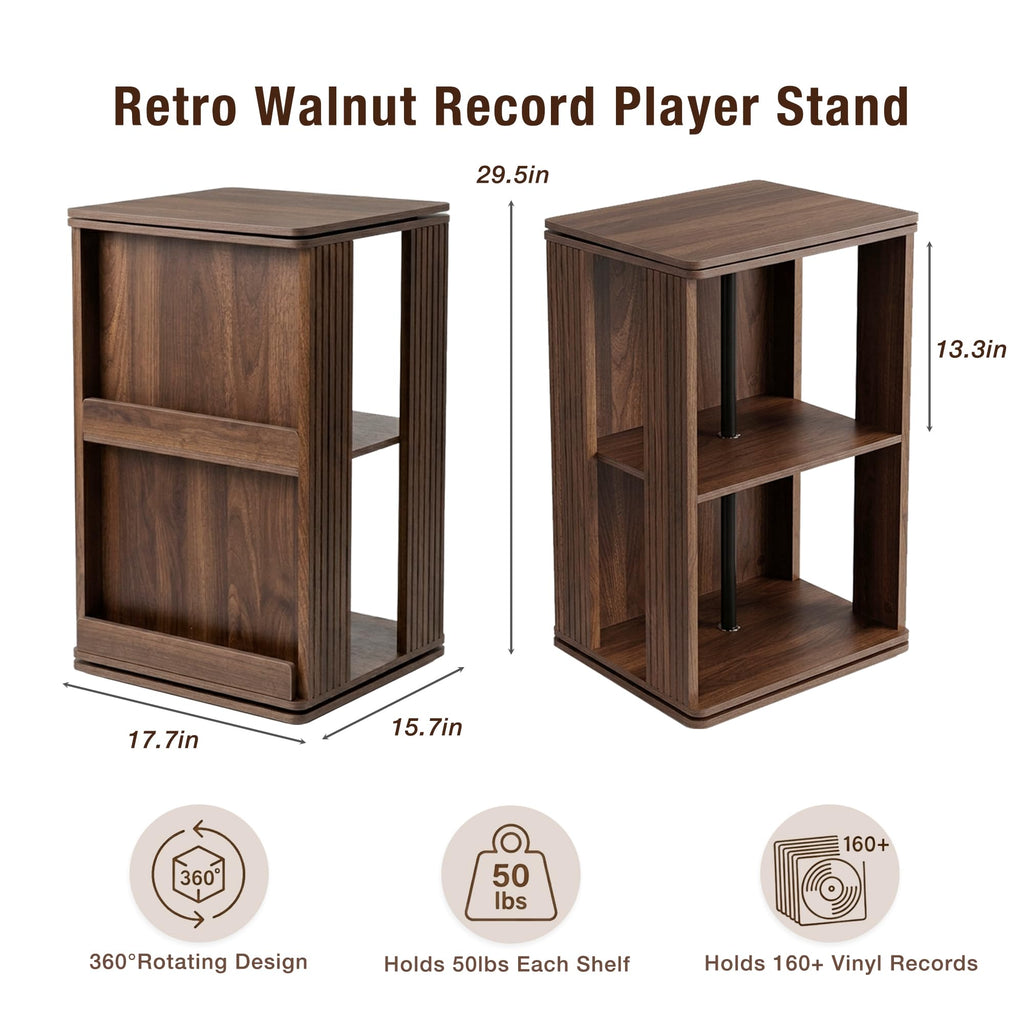 Swivel Record Player Stand with Storage Cabinet & Cover Holder