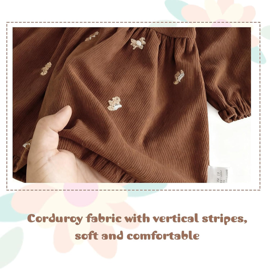 Toddler Baby Girl Corduroy Dress Ruffle Peter Pan Collar Floral Embroidery Long Sleeve Dress Spring Fall Outfits