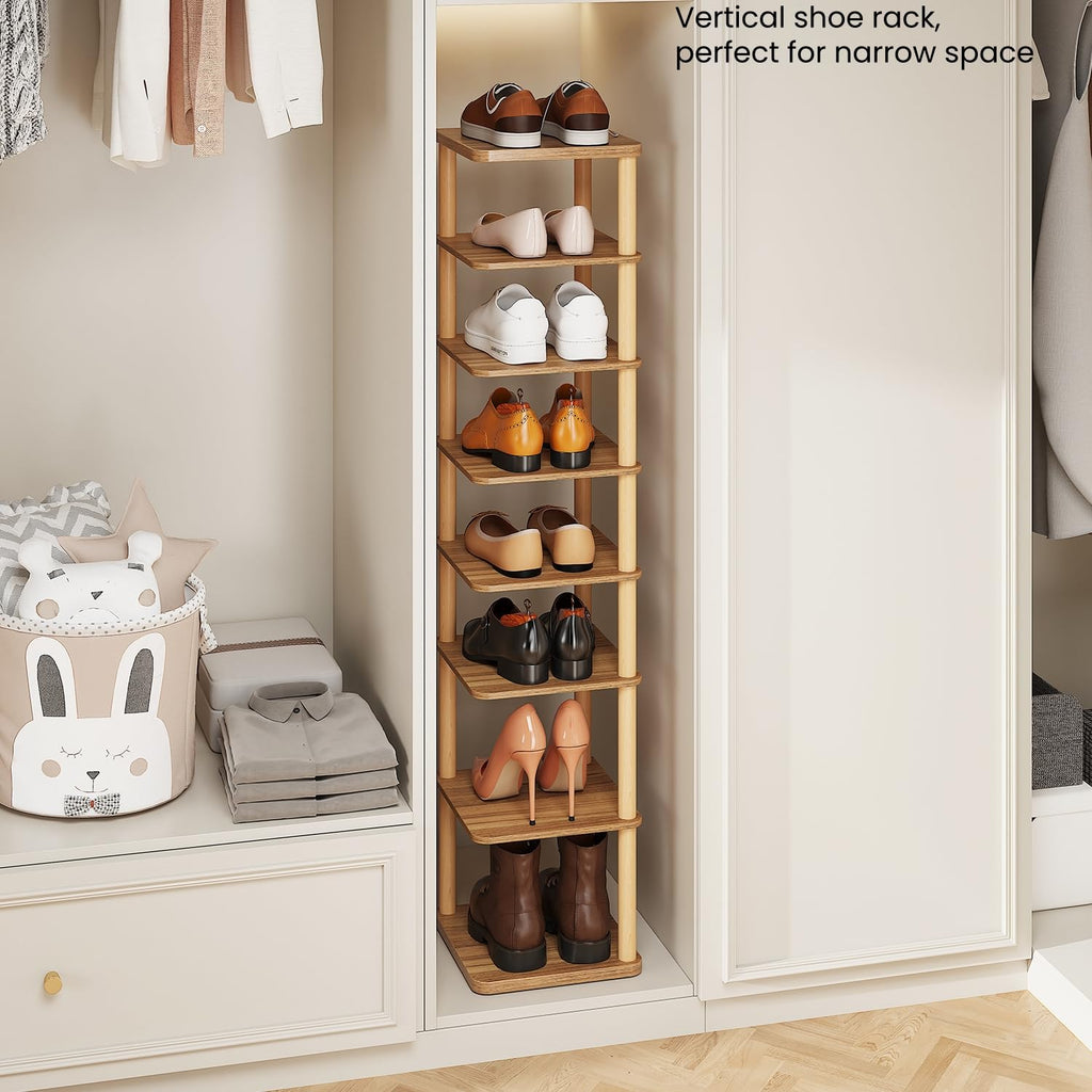 8 Tiers Vertical Shoe Rack, Tall Narrow Shoe Tower Corner Shoe Rack, Walnut