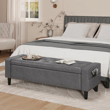 60" Storage Ottoman Bench, Faux Leather Upholstered Bed Bench, Grey | Benches with Tufted Buttons and Nailhead Trim