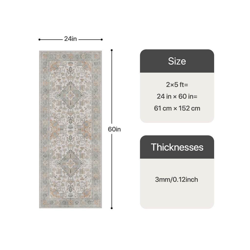 2x5 Washable Runner Rug, Vintage Grey Rug with Non-Slip Backing, Oriental Distressed Print Indoor Kitchen Runner
