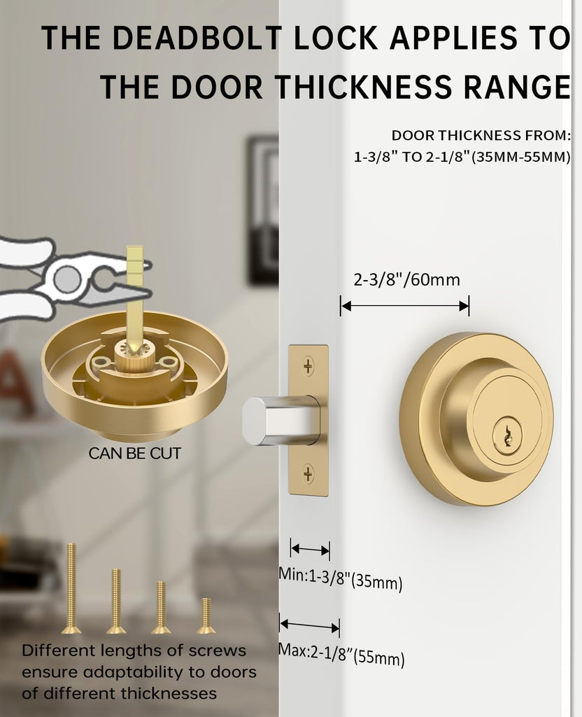 1 Pack Champagne Bronze Deadbolt Lock, Round Exterior Keyed Front Entry Door, Exterior Door Security, Door Lock Set