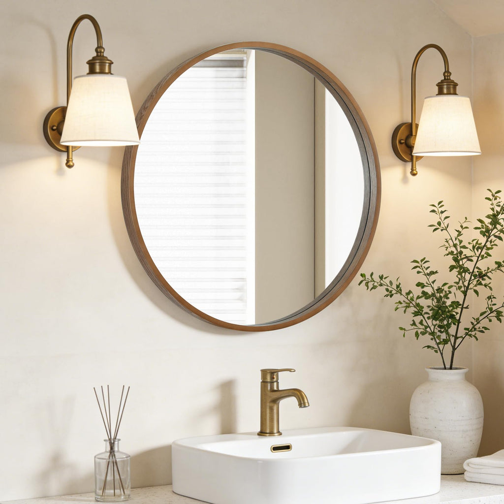 Wood Round Mirror with Wood Frame 24 inch Circle Wall Mirror Round Wall Mirror for Wall Decor, Vanity, Entryway