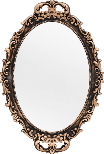 Vintage Decorative Gold Framed Mirror, Wall Hanging Mirrors & Tabletop Tray Living Room Dresser Decor, Oval- 9.6" W x