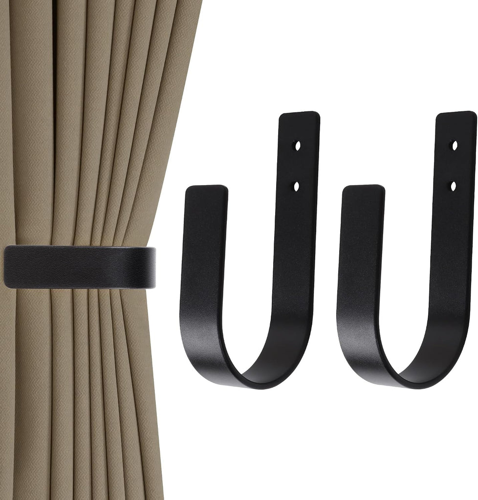 2 Pack Modern Curtain Holdbacks - Solid Aluminum U Shaped Wall Mount Curtain Hooks - Tiebacks for Curtains (2, Black)
