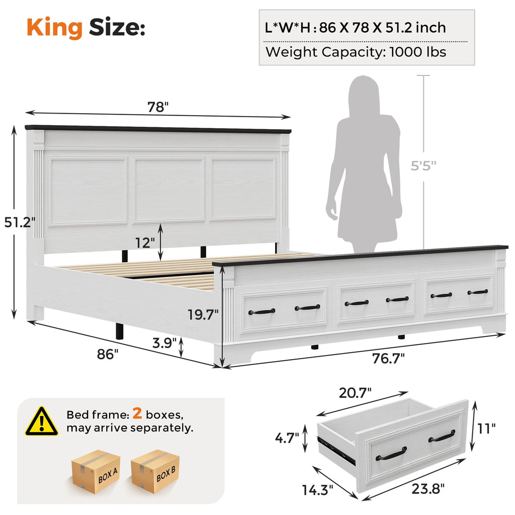 Farmhouse Bed Frame 51" Headboard Storage Drawers Roman Footboard