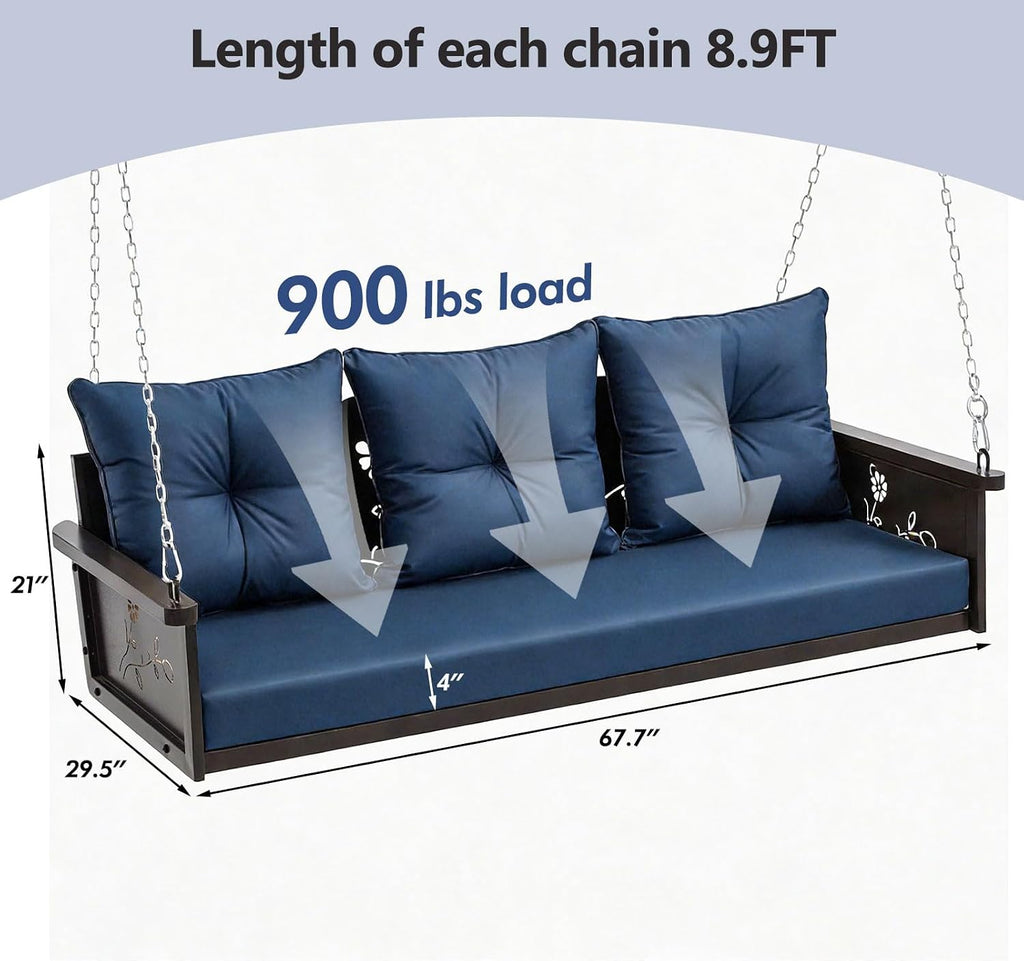 3-Seat Oversized Metal Porch Swing Bed Heavy Duty 900 LBS