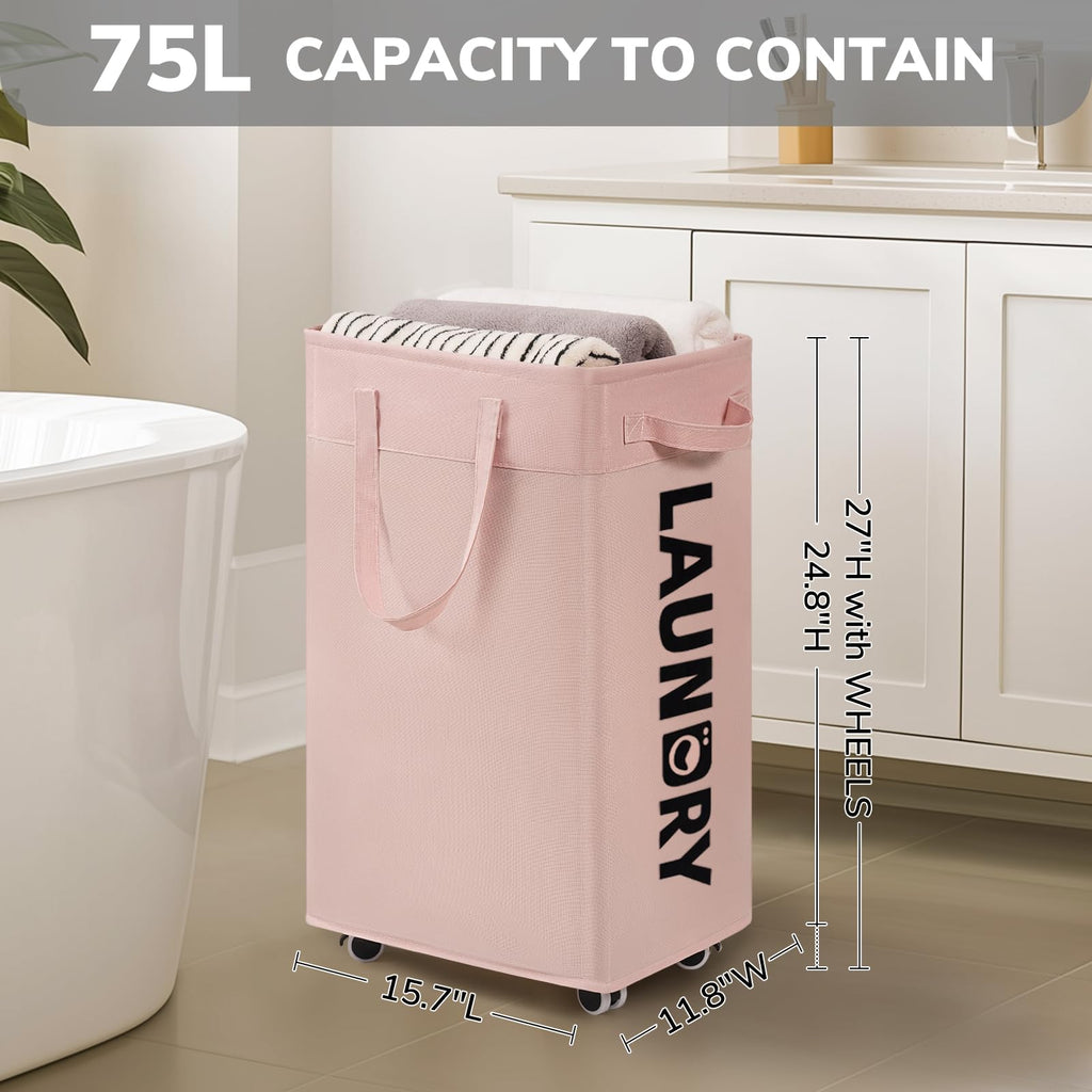 75L Rolling Laundry Basket with Wheels Removable Wash Bag, Pink