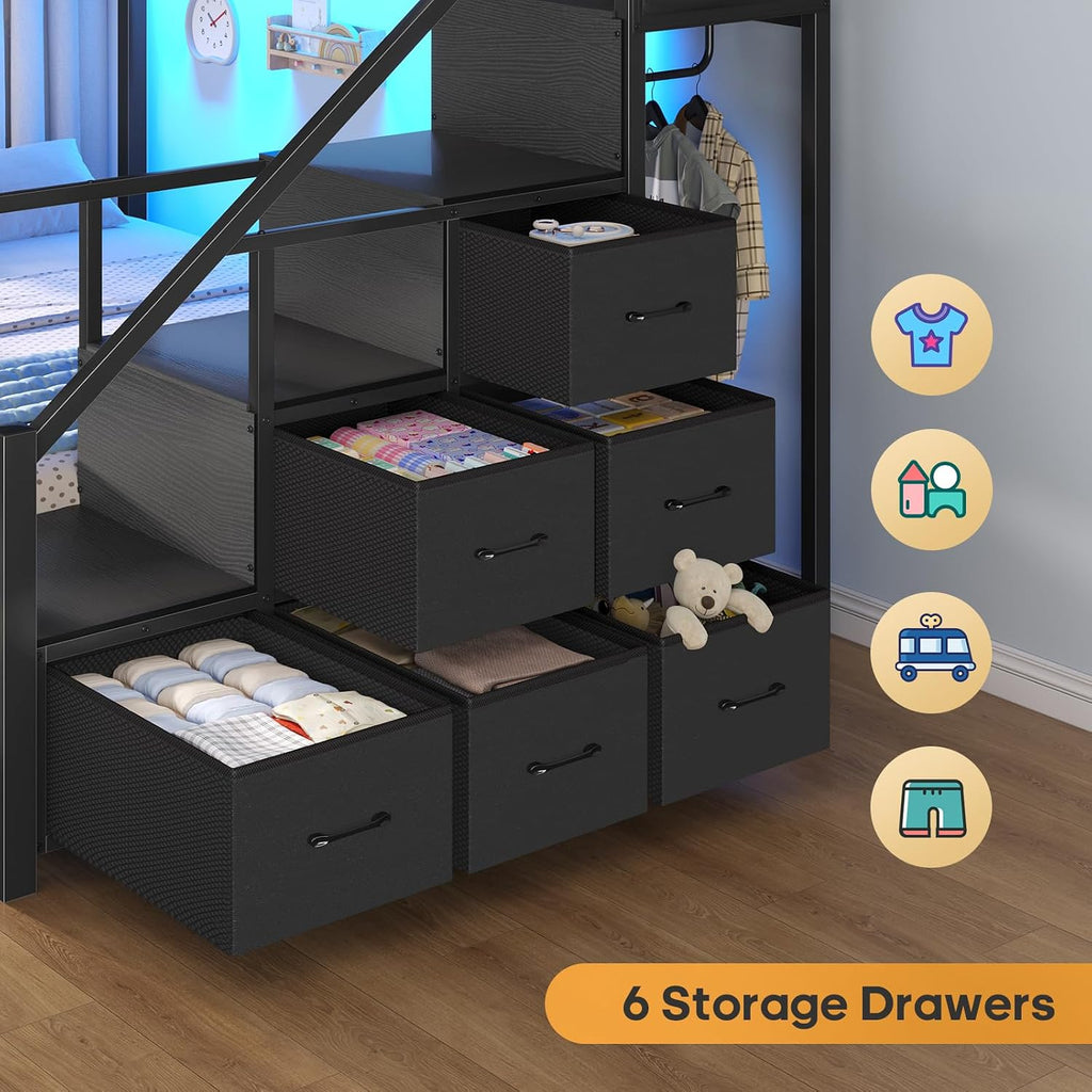 Bunk Bed Full Over Full with Stairs, LED Lights Full Bunk Bed with 2 Storage Drawers & 6 Fabric Drawers