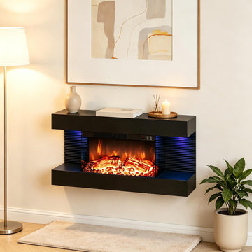 3 Sided Wall Mount Electric Fireplace w/ 32" Floating Mantel, Black