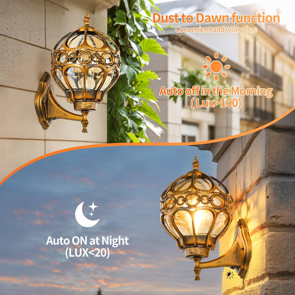 Globe Outdoor Wall Lights with Dusk to Dawn Sensor, Waterproof Gold Sphere Outside Wall Light Fixtures, Anti-Rust