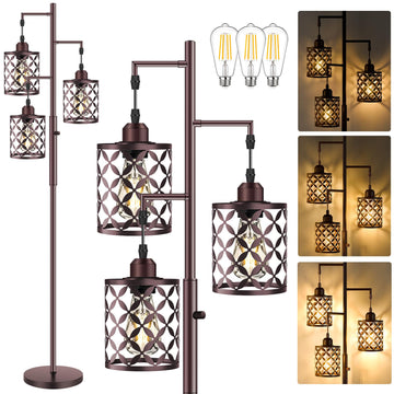 Industrial Tree Floor Lamp, 68" Dimmable Farmhouse Tall Standing Lamp with Quatrefoil Cutout Shades & Rotary Dimmer