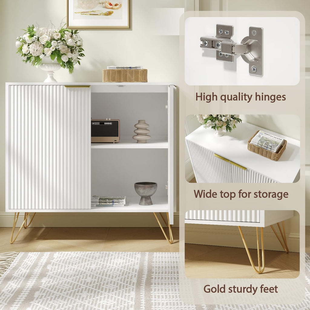 Storage Cabinet with 2 Fluted Doors and Adjustable Shelves, White, 2pcs丨Modern Wood Accent Table, Sideboard Buffet