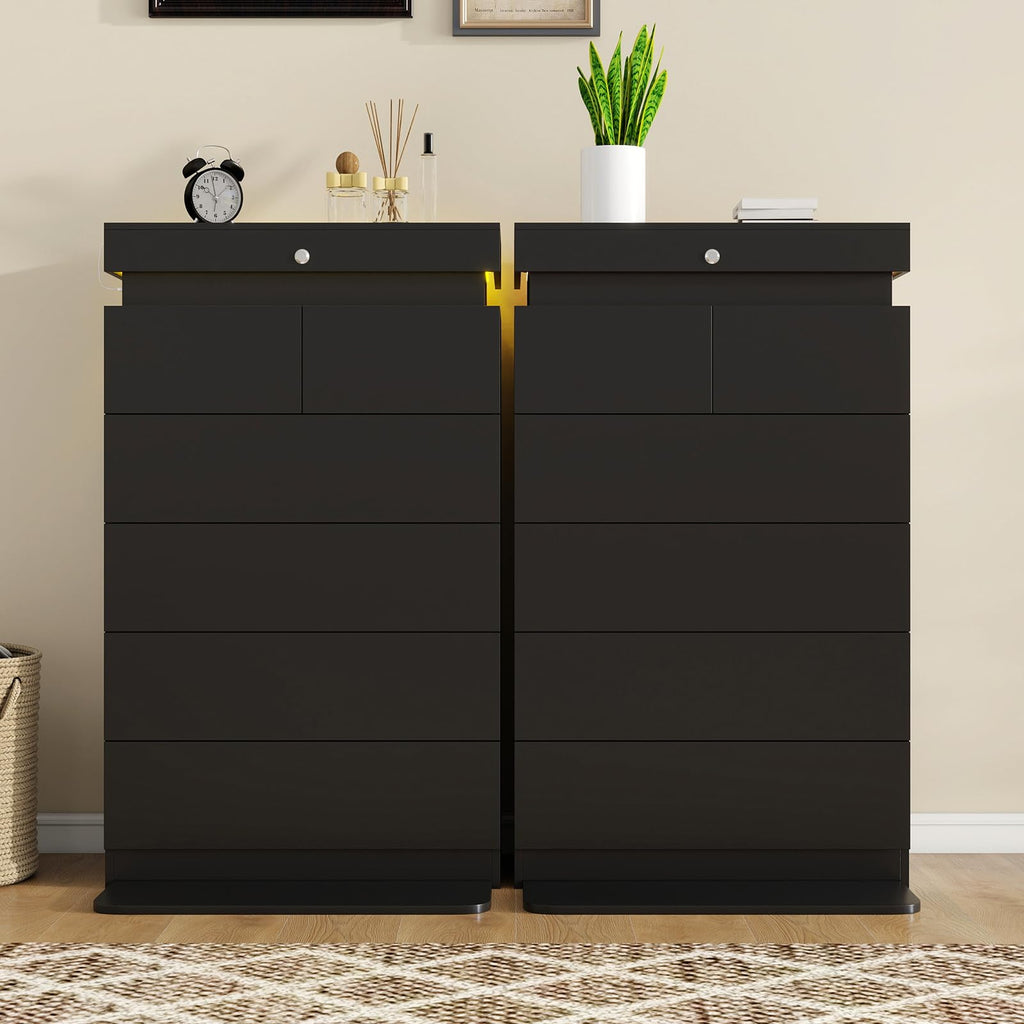 48" Tall Black Dresser 6 Drawer with LED Lights & Charging Station