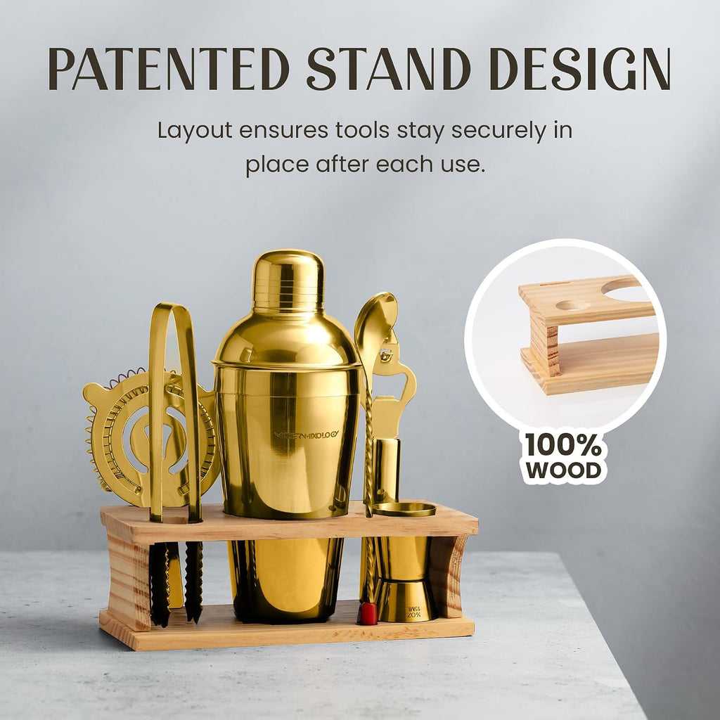 Cocktail Shaker Set - Bartender Kit with Pine Stand | Leak-Proof Design | Includes Martini Shaker, Jigger, Strainer - Set of 8