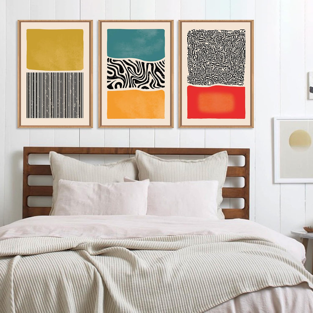 Large Mid Century Modern Wall Art Framed 16x24, Boho Abstract 3 Piece Canvas Decor, Mcm Vintage Bohemian Color Block