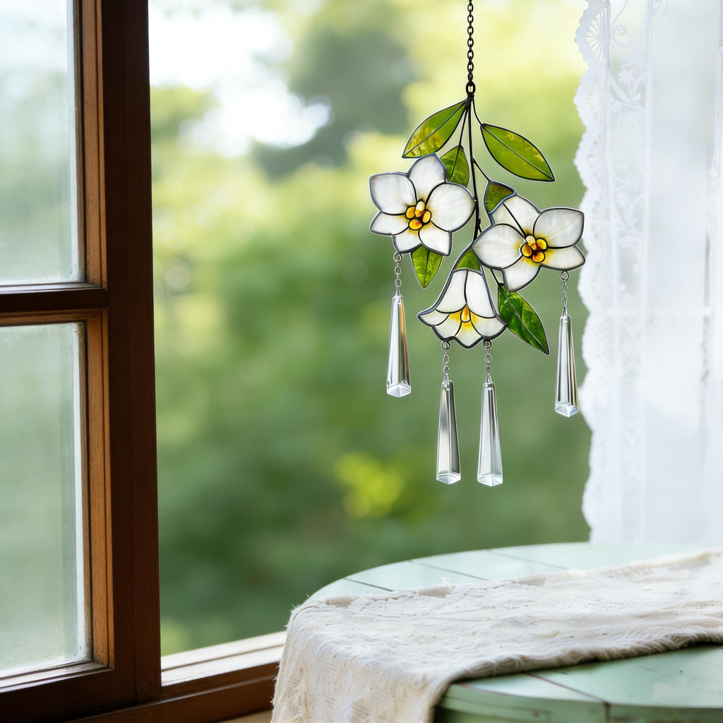 Stained Glass Plumeria Flower Suncatcher, Window Decor with Crystal Prisms