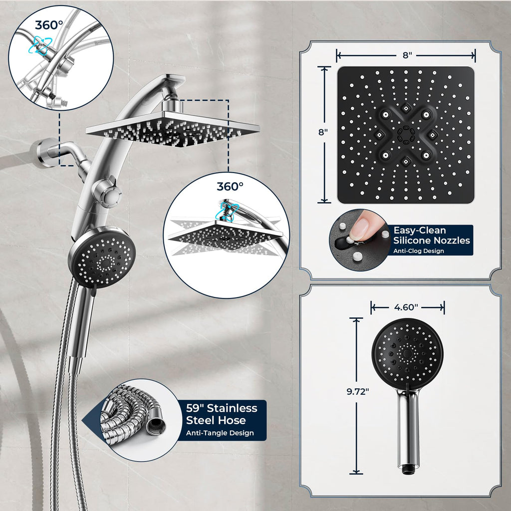 8"Square Rain Shower Head with Handheld, 8-Function Rainfall, Power Jet