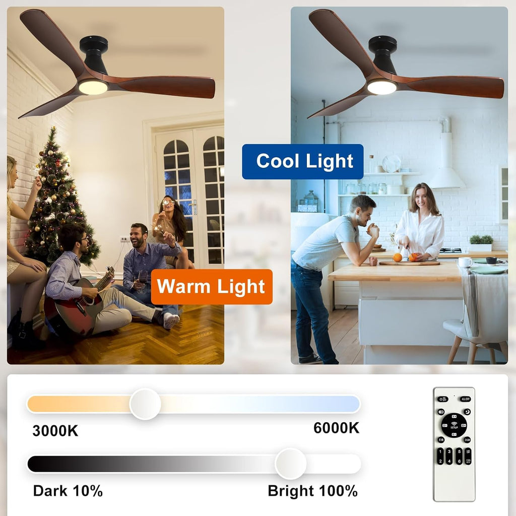 Ceiling Fans with Lights and Remote: 52 Inch Flush Mount Low Profile Ceiling Fan - Walnut‐toned Finish on ABS