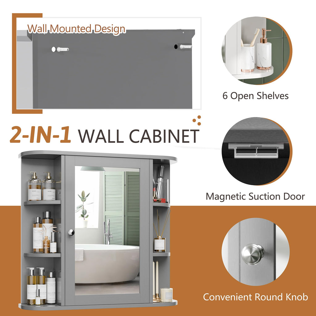 Bathroom Mirror Cabinet Wall Mounted, Medicine Cabinet with Mirror and 6 Open Shelves, Modern Bathroom Wall Cabinets