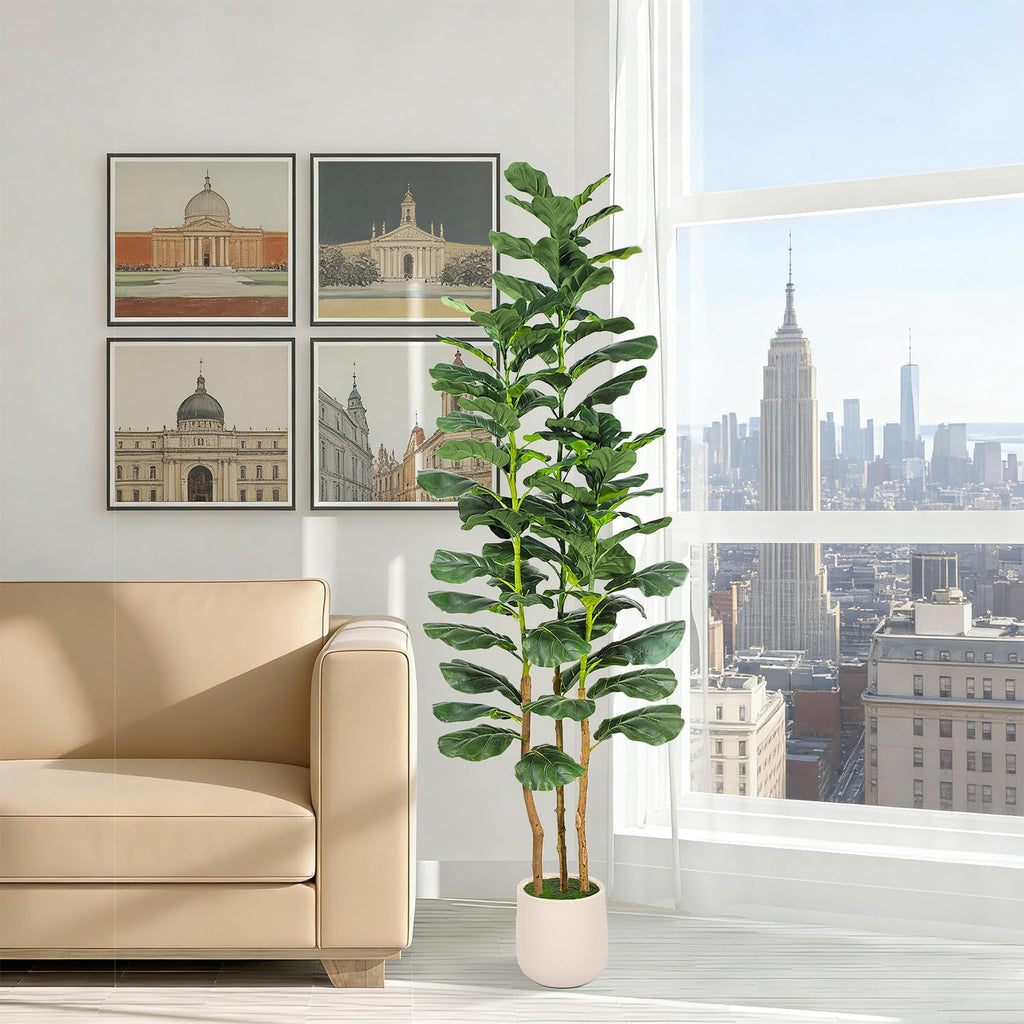 6ft Artificial Fiddle Leaf Fig Tree with White Planter, Tall Fake Plant with Natural Wood Trunk and Lifelike Leaves