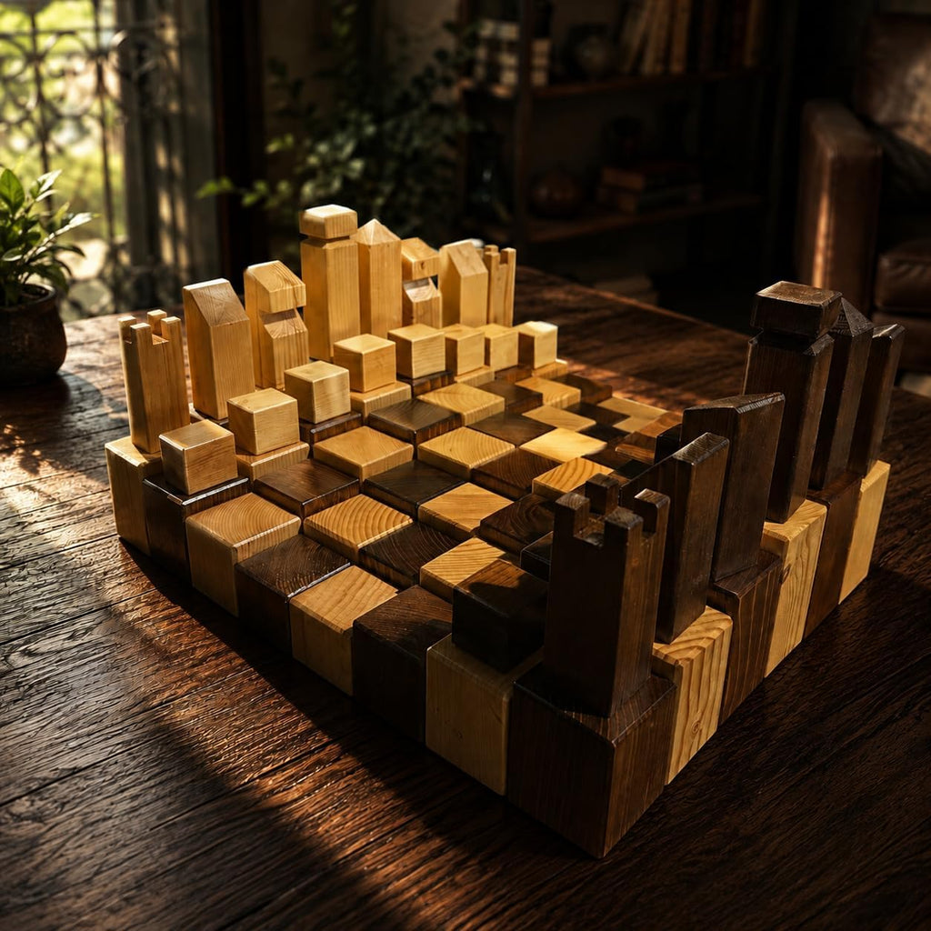 Handmade Wooden Chess Set 40x40 cm, 3D City Skyline Chess Board with Architectural Chess Pieces, Rustic Wood Strategy