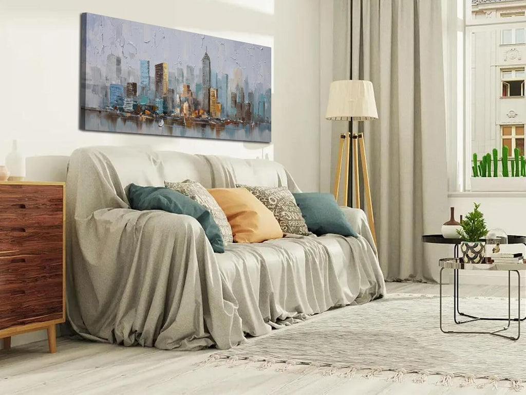 Abstract Cityscape Canvas Wall Art New York City Painting Modern Skyline Colorful NYC Grey Blue Picture, Large