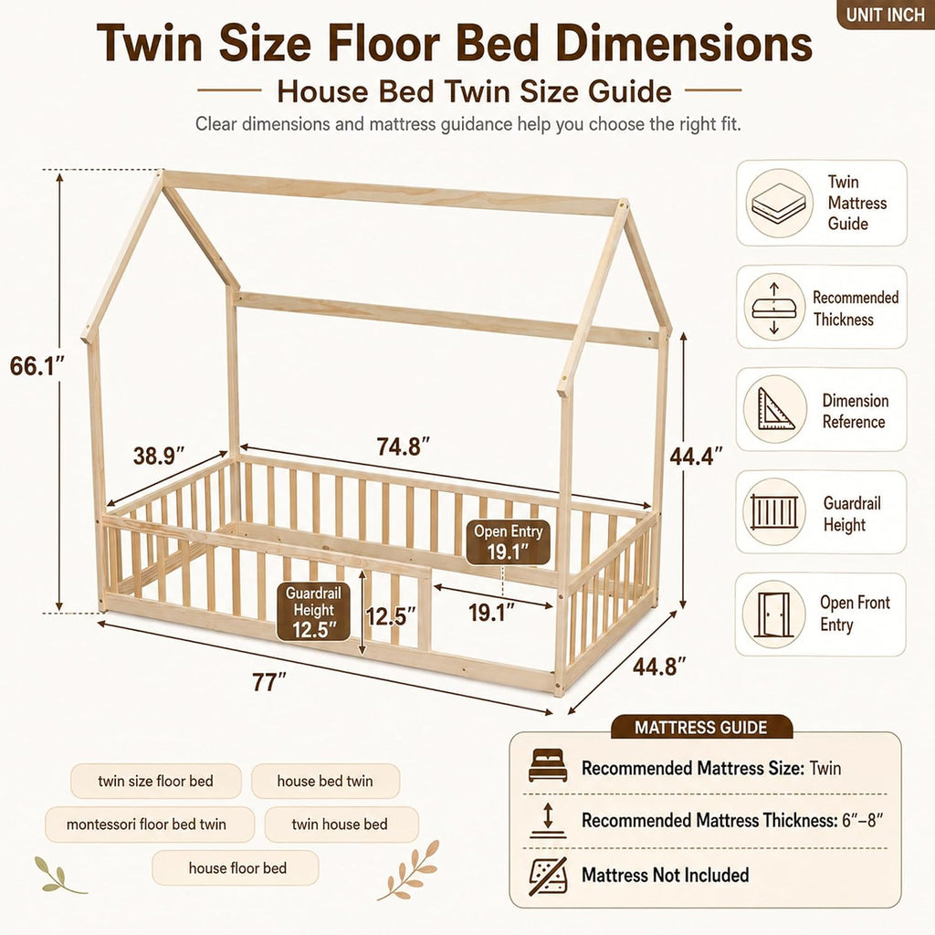 Tw Floor Bed with Roof and Guardrails, No Box Spring, Natural | Pine wood kids floor bed with low design, guardrails