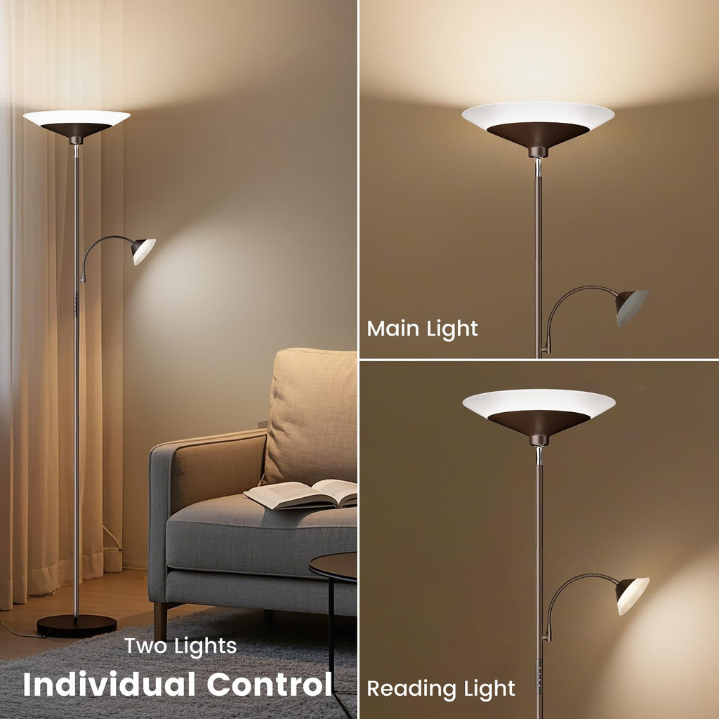Brown Torchiere LED Floor Lamp - 72" Rotating Standing Lamp with Remote, 34W Dimmable Floor Light with Color