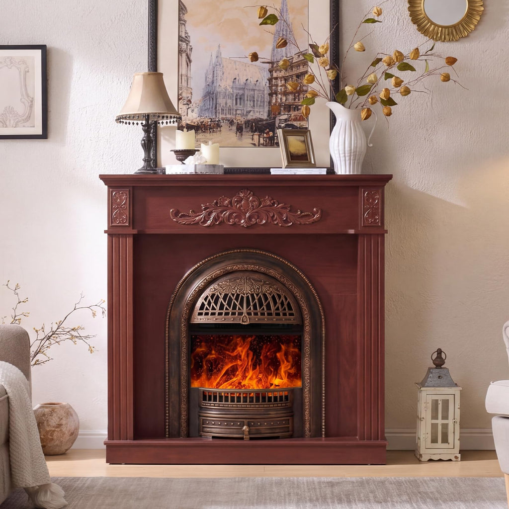 45" Electric Fireplace with Mantel, Cherry Red Farmhouse FreeStanding Electric Fireplace Heater Entertainment Center