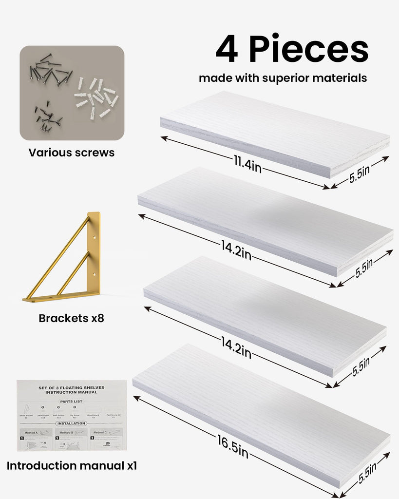 Wall Mounted Floating Shelves (White and Gold, Set of 4, 16" Mixed)