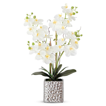 Orchid Artificial Flowers with Sliver Vase Large Silk Faux Phalaenopsis Flowers Table Floral Centerpieces Indoor