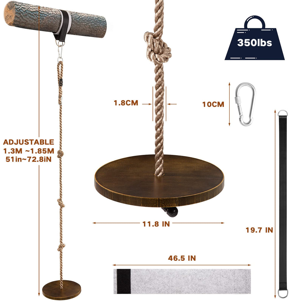 Wooden Round Disc Rope Swing 51"-73" Adjustable Climbing Rope Tree Swing with Hanging Strap Snap Hook and Felt