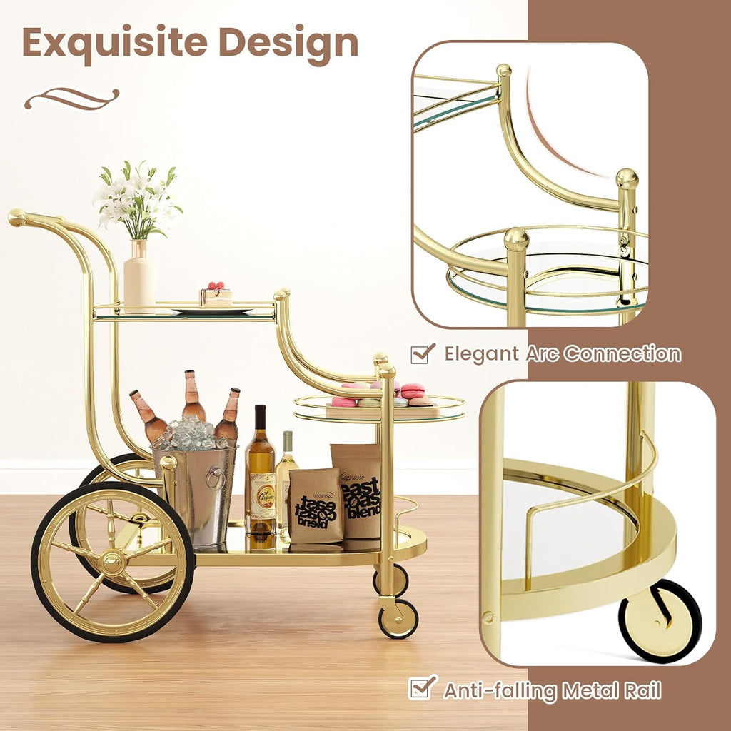 Glass Rolling Bar Cart, 3-Tier Mirrored Serving Bistro Cart with Wheels and Metal Rails, Mobile Wine Drink Cart