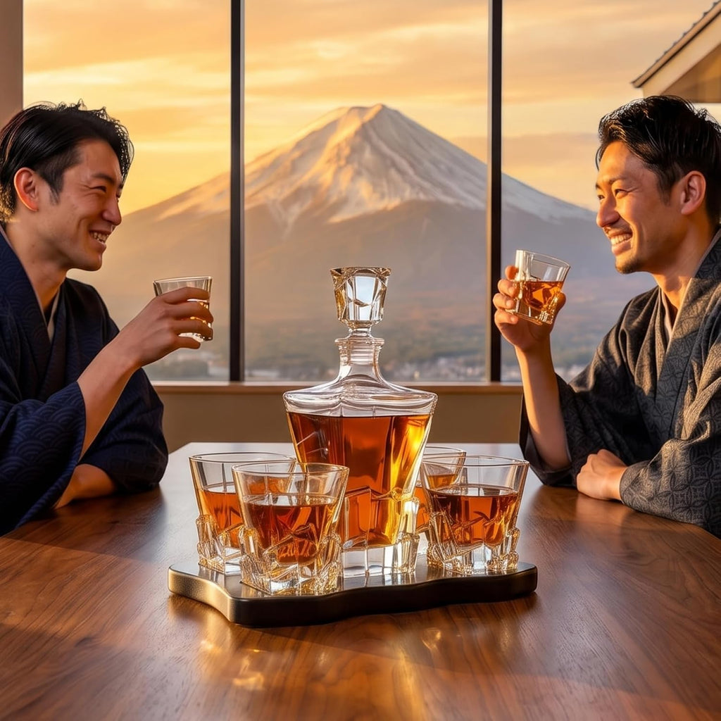 Ridge Japanese Crystal Whisky Decanter Set with 4 Tumbler Glasses, Lead-Free Liquor Carafe & 10oz Rocks Glasses