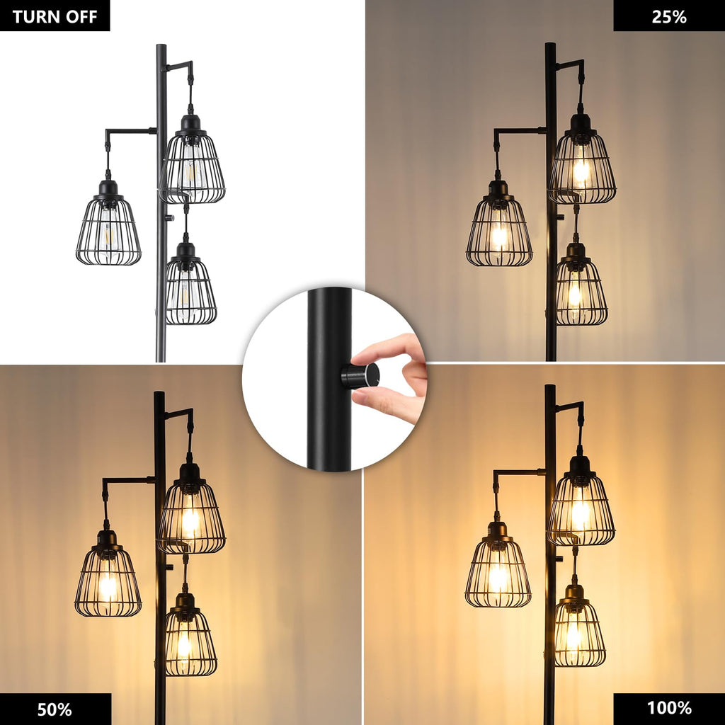 68" Living Room Floor Lamp, Industrial Farmhouse 3 Teardrop Cage Standing Lamp, Black Tall Floor Lamp Office, 3 LED