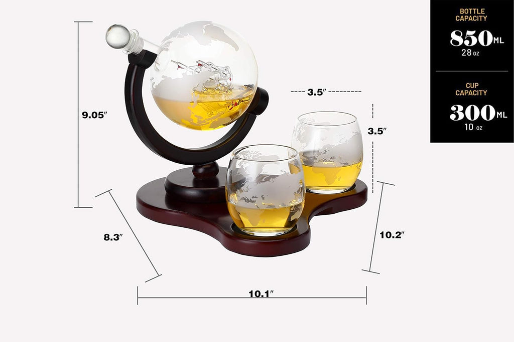 Whiskey Globe Decanter Set with 2 Glasses in Gift Box - Whiskey decanter for Liquor, Whiskey, Brandy, Gin, Rum - Set of 3