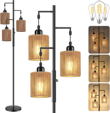 72" Boho Rattan Tree Floor Lamp, Tall Dimmable Industrial Standing Lamp, Corner Decor Accent Lighting, Cafe (3 x