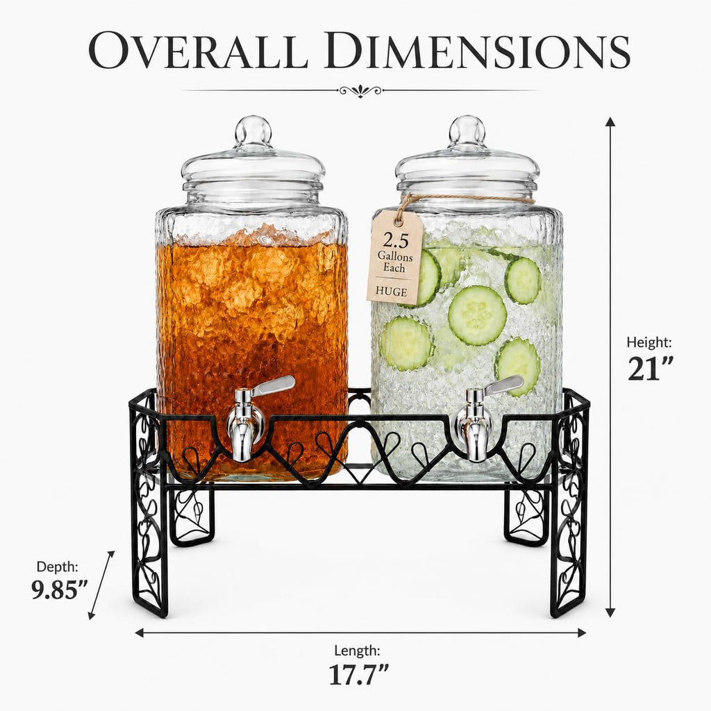 Dual 2.5 Gallon Set with Stainless Steel Spigots, Metal Stand & 2 Drip Trays - Hammered Mason Jar Style Drink