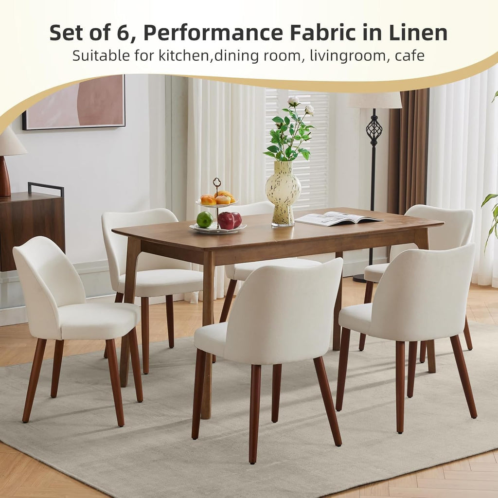 Wooden Dining Chairs Set of 4, Farmhouse Kitchen Chairs with Curved Back, Modern Fabric Upholstered Chairs, Cream