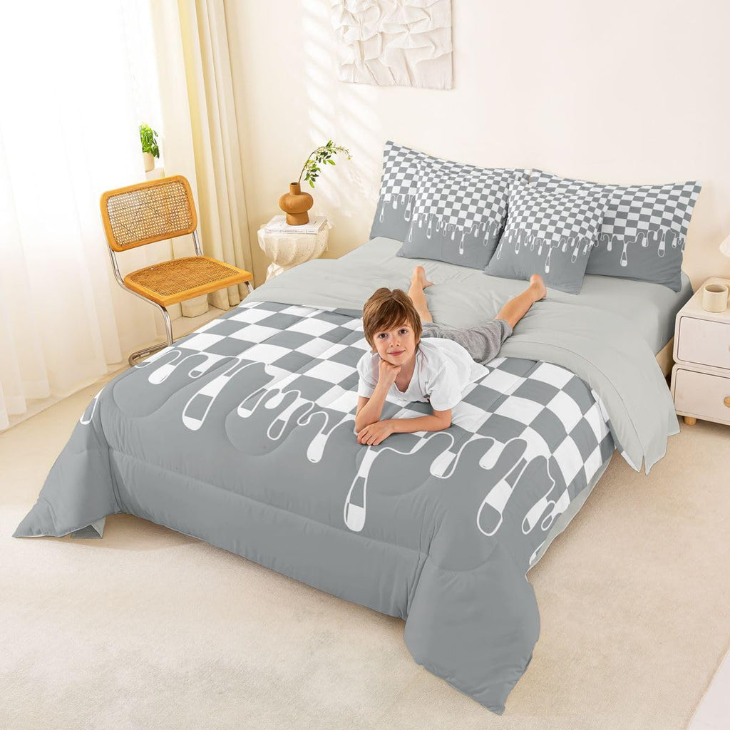 Neutral Grey Checkered Bed Sheets and Comforter Set | Gingham Checkerboard Drip 7 Piece Bedding Set Retro