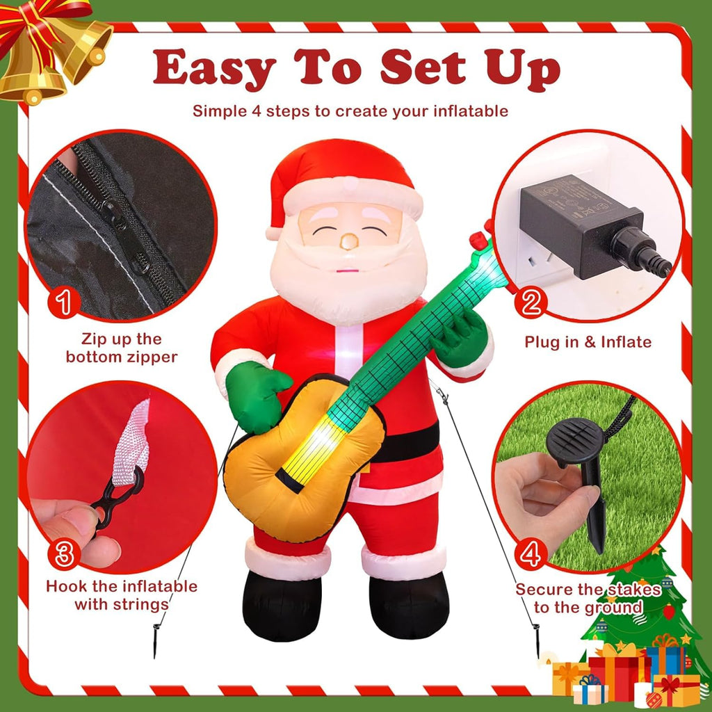 6.5 FT Christmas Inflatable Santa Claus with Guitar, Blow Up Santa Christmas Decorations Outdoor, Unique Lighted Xmas