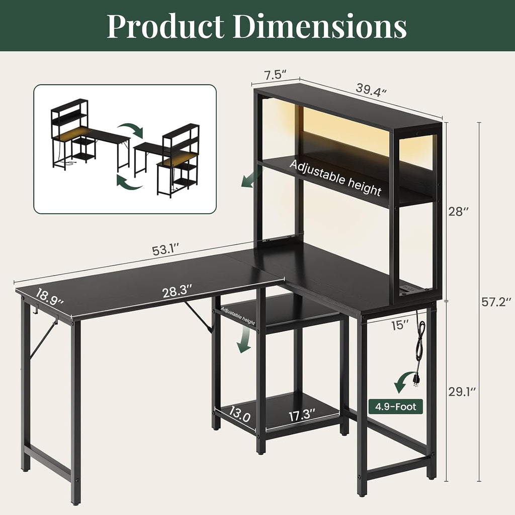 53" L Shaped Gaming Desk Reversible Corner Desk | Computer Desk with Power Outlet, Writing Table with LED Lights