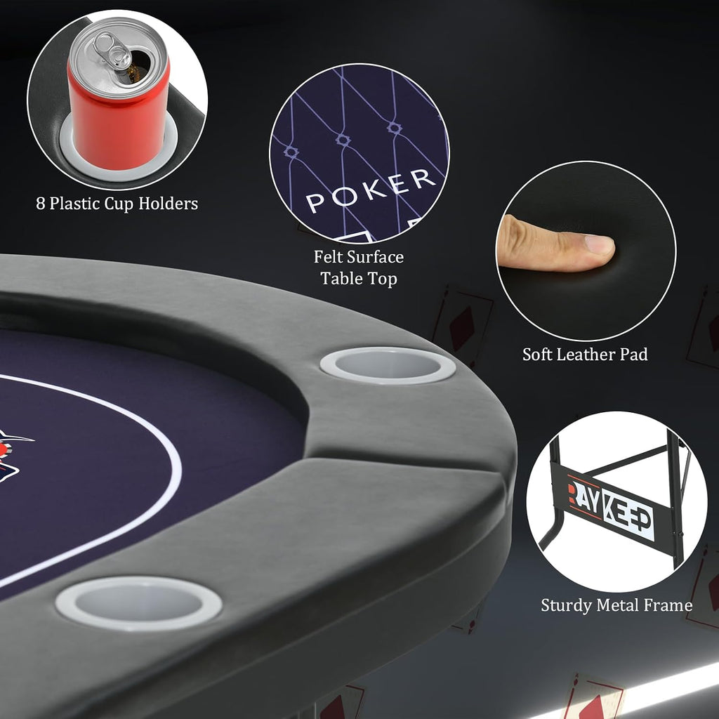 71 Inch Poker Table Foldable, 8 Player Folding Poker Tables w/Collapsible Legs, Casino Grade Felt, Padded Rails and